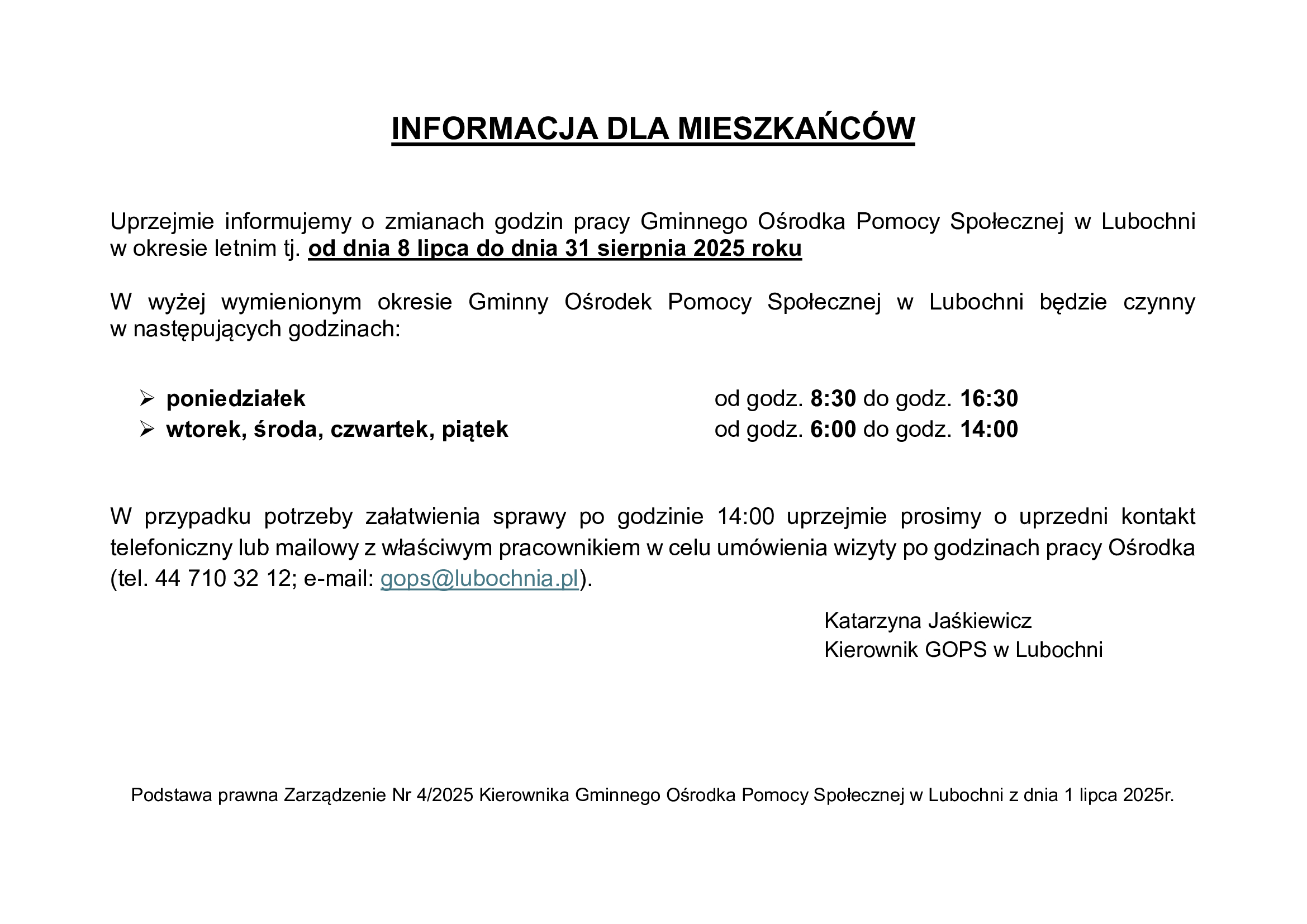 Informacja dla mieszkańc&oacute;w